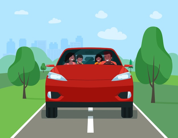 African family driving in modern electric car on weekend holiday. Vector illustration