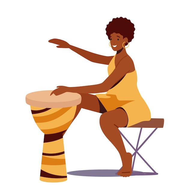 Vector african female character playing drum isolated on white background. dark skin woman in yellow dress perform concert