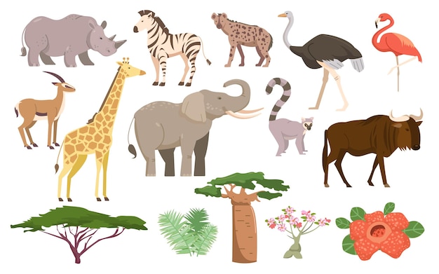 Vector african flora and fauna african animals plants birds and trees savanna mammals and vegetation