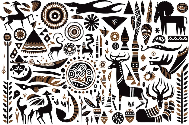 African folklore abstract pattern ethnical symbol people animals lifestyle