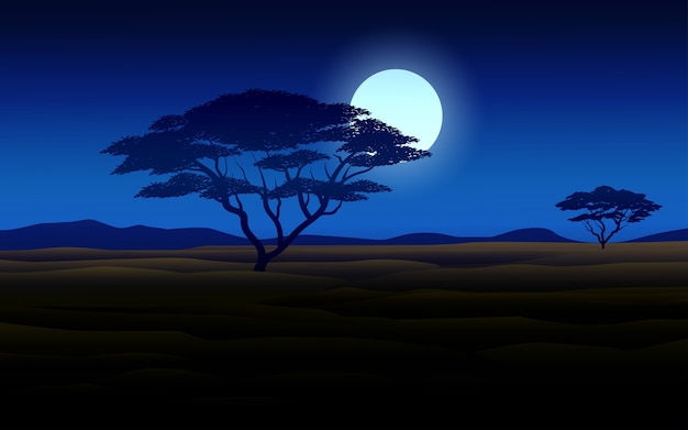 Vector african forest night landscape with moonlight