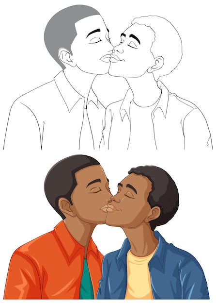 African gay couple cartoon kissing