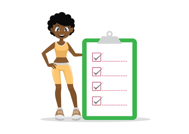 African Girl in fitness sportswear holding checklist.