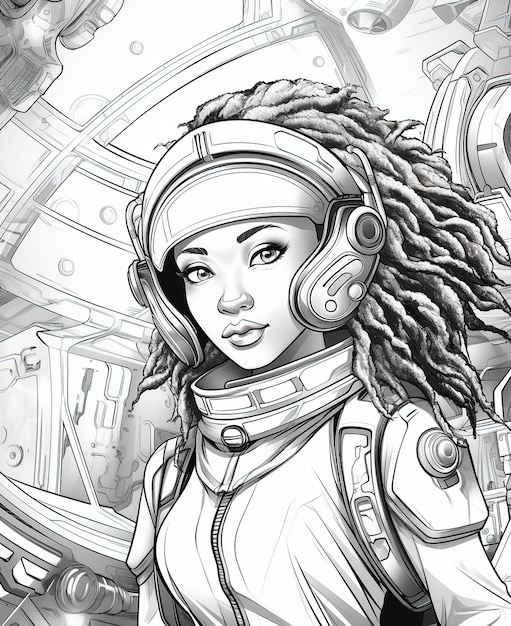 Вектор Африканская девушка летает на космическом корабле лучшая ручная рисование красочная книга eps