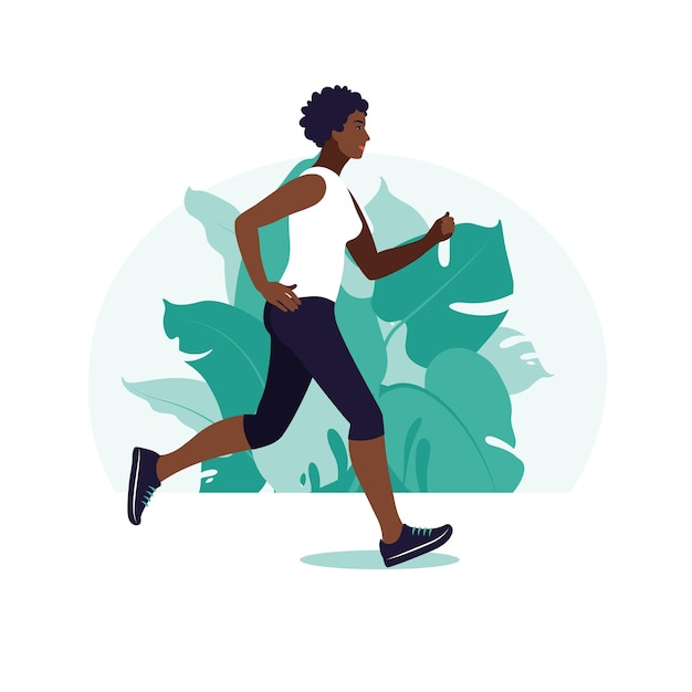 Vector african girl running in the park. african woman doing physical activity outdoors at the park, running. healthy lifestyle and fitness concept.