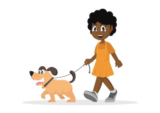 Vector african girl walking with dog.