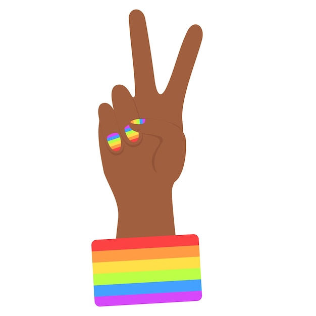 African hand with two finger and rainbow on nails Victory sign or peace sign Vector illustration