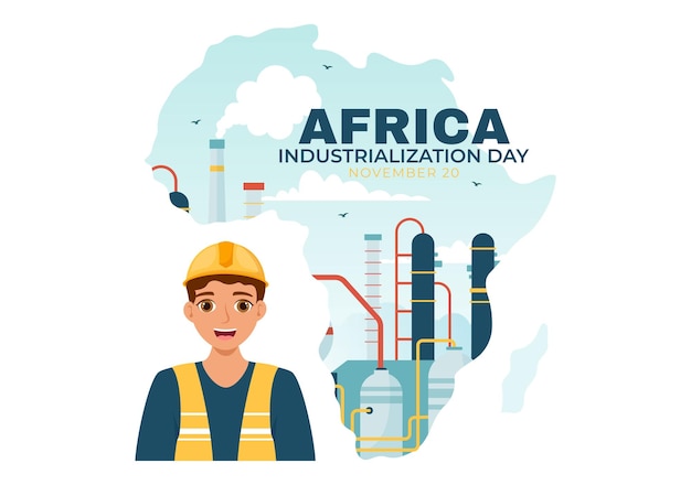 Иллюстрация ко Дню индустриализации Африки: здание фабрики с дымоходами в центре
