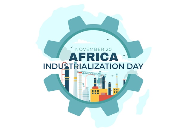 Иллюстрация ко дню индустриализации африки: здание фабрики с дымоходами в центре