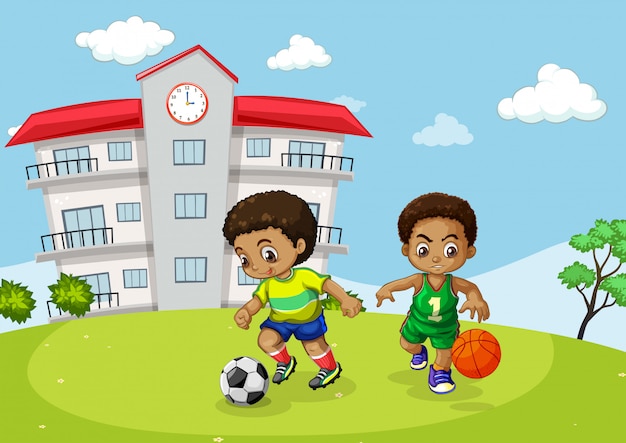 Bambino africano che gioca sport davanti alla scuola