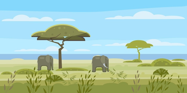 アフリカの風景サバンナ象の野生の群れパノラマ自然の木の荒野