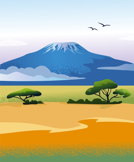 Vettore paesaggio africano con la montagna del kilimanjaro