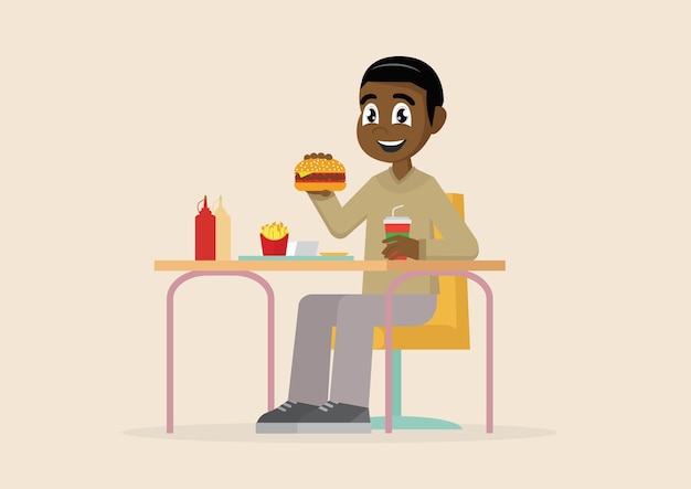 Vector african man eating fast food