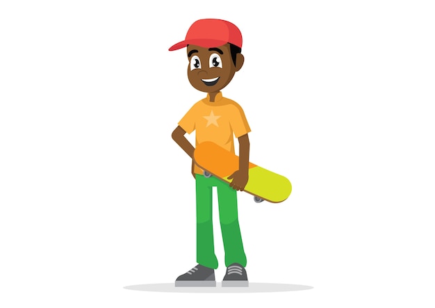 African man holding Skateboard.