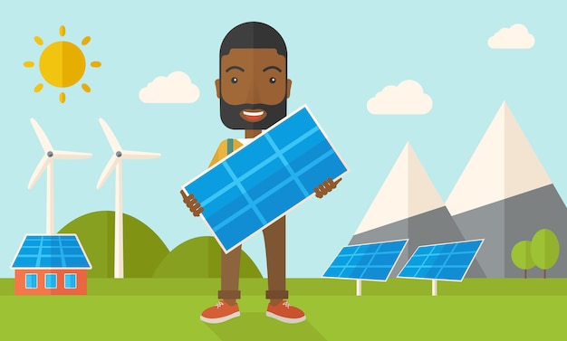 Африканский мужчина держит панель солнечных батарей.
