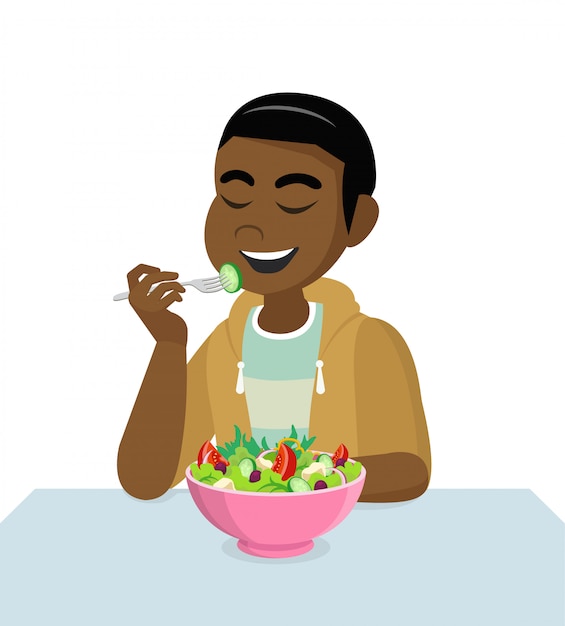 Vector african man is eating a salad.