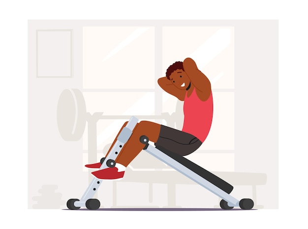 African Man Swinging Press on Decline Bench in Gym. Sportsman Work on Training Apparatus. Male Character Fitness Workout on Weight Loss Machine, Abdomen Exercise. Cartoon People Vector Illustration