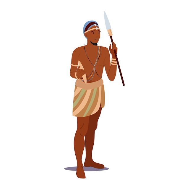 Vector african man warrior, hunter with weapon isolated on white background. male character with dark skin wear tribal clothes