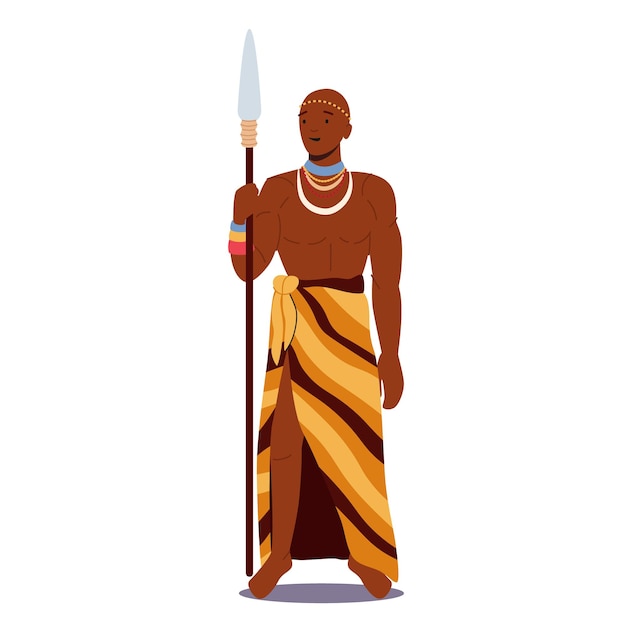 Африканский мужчина носит племенную одежду и ожерелье держит копье. Портрет мужского персонажа с темной кожей, воина с оружием