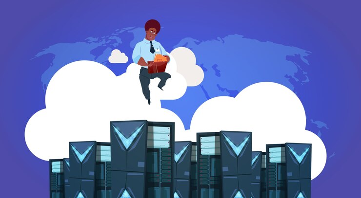 Vector african man with tablet on data storage cloud 