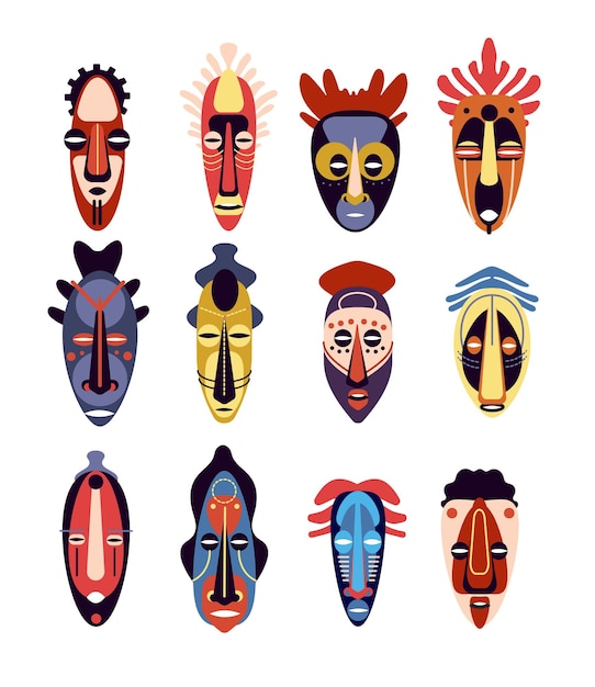 아프리카 마스크. 전통적인 의식 또는 의식 민족 하와이, 아즈텍 인간 얼굴 마스크, 총구 원주민 토템, 다채로운 평면 벡터 세트. 그림 민족 마스크, 부족 의식, 전통 문화