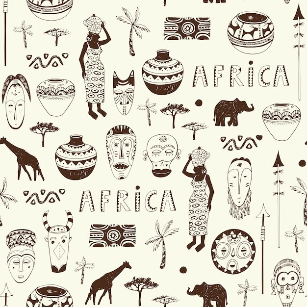 ベクトル アフリカのマスクのシームレスなパターンをベクトルします。