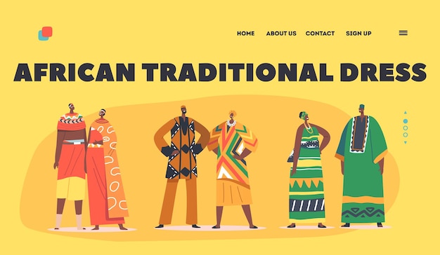 Vector african people pairs in traditional clothes landing page template male female characters in colored national costumes