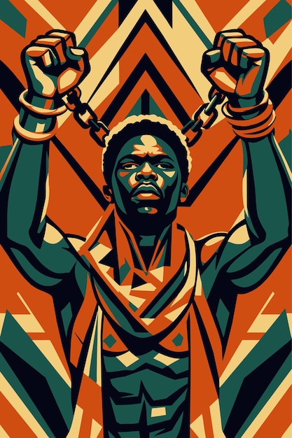 Poster africano alzato pugni e gesto di libertà orgoglio uomo africano con le catene rotte