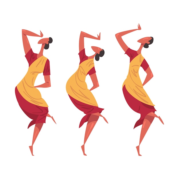 Vector african ritual dance three young women dancing wearing traditional costumes cartoon style vector illustration