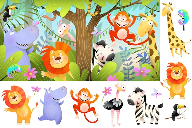 African Safari Animals in Jungle Clipart Set