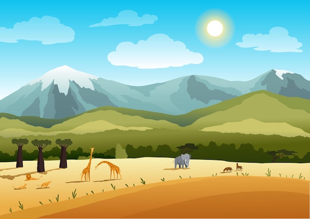Premium Vector | African safari flat vector banner concept. beautiful  nature landscape with cartoon animal characters. tropical tourism, exotic  recreation poster. wilderness savannah illustration.