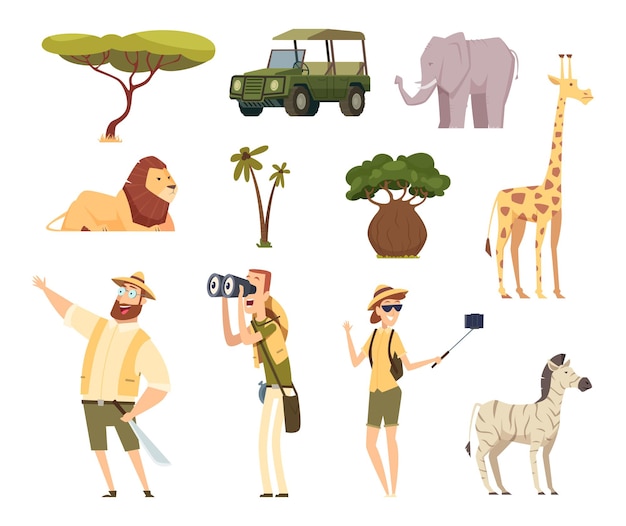 ベクトル アフリカのサファリ。野生動物の旅行車ケニアジャングルキャラクター漫画セット。