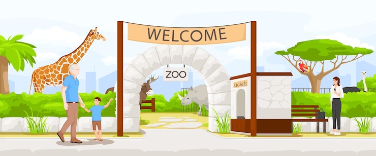 Vector african safari zoo entrance large giraffe cartoon animal african ostrich tourist vacation man and woman happy children beautiful landscape savannah tree ticket selling vector illustration