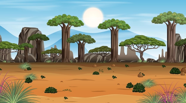 Вектор Африканская саванна лесной пейзаж сцена в дневное время