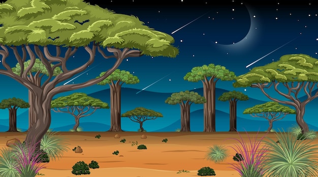Scena del paesaggio della foresta della savana africana di notte