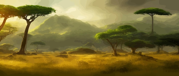 African savanna grass acacia trees and river realistic vector landscape african nature reserves and