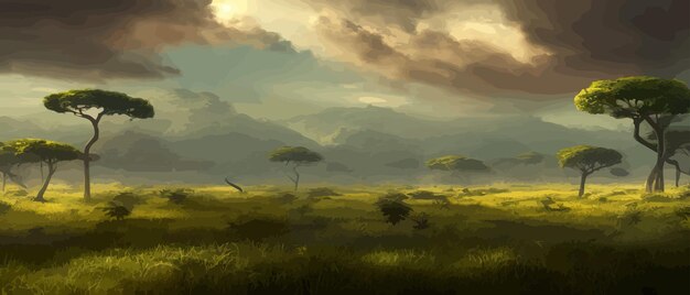 African savanna grass acacia trees and river realistic vector landscape african nature reserves and