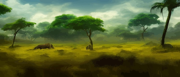 African savanna grass acacia trees and river realistic vector landscape african nature reserves and