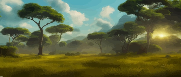 Vector african savanna grass acacia trees and river realistic vector landscape african nature reserves and