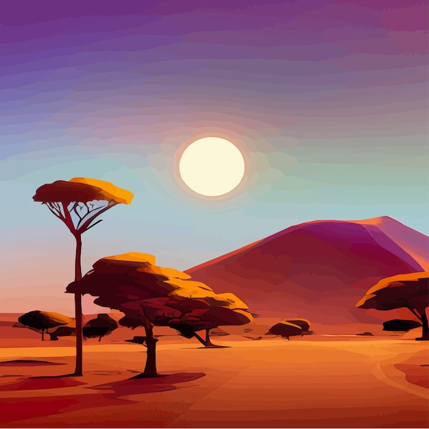 アフリカのサバンナの風景、緑の木々、岩、シンプルな牧草地を持つアフリカの野生動物漫画