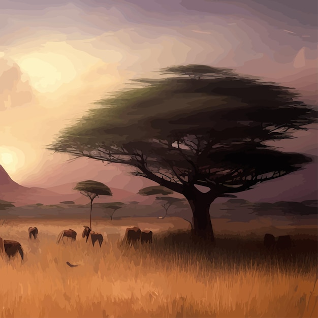 African savanna landscape african wildlife cartoon with green trees rocks and simple pasture field