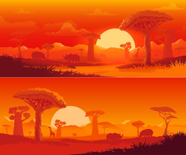 Vector african savanna nature landscape at sunset