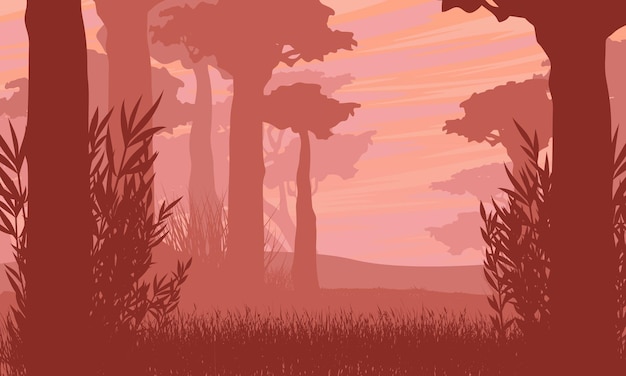African savanna silhouette with baobabs and tall grass Africa at sunset Vector landscape