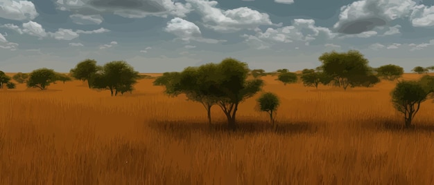 African savannah landscape with green trees and simple grasslands against backdrop of the jungle sky