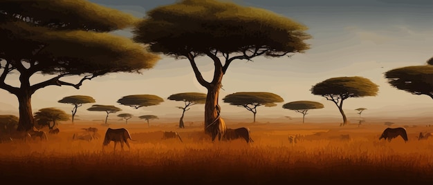 Вектор Африканский пейзаж саванны с дикой икрой молодых оленей природа африки вектор мультфильма