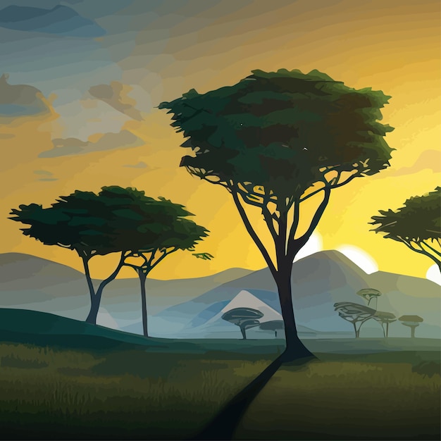 Африканская саванна векторная карикатура на пейзаж сафари-парка с песчаными растениями, камнями и