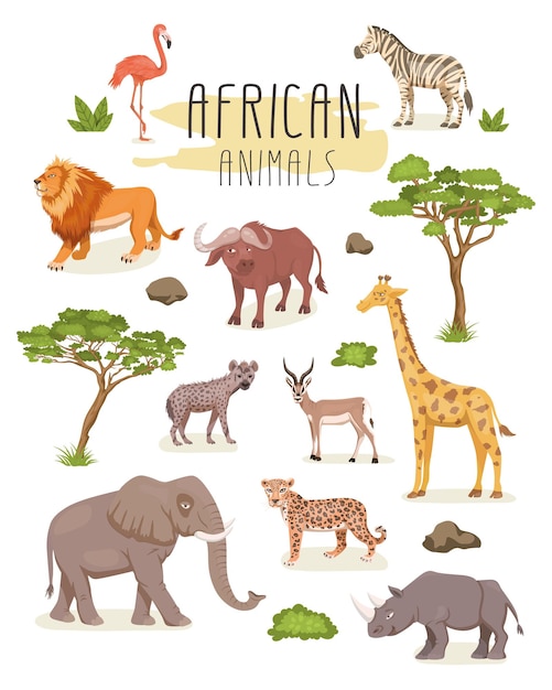 Вектор Набор диких животных африканской саванны лев носорог зебра буйвол жираф фламинго леопард газель слон гиена плоская векторная иллюстрация животные африки саванна сафари концепция