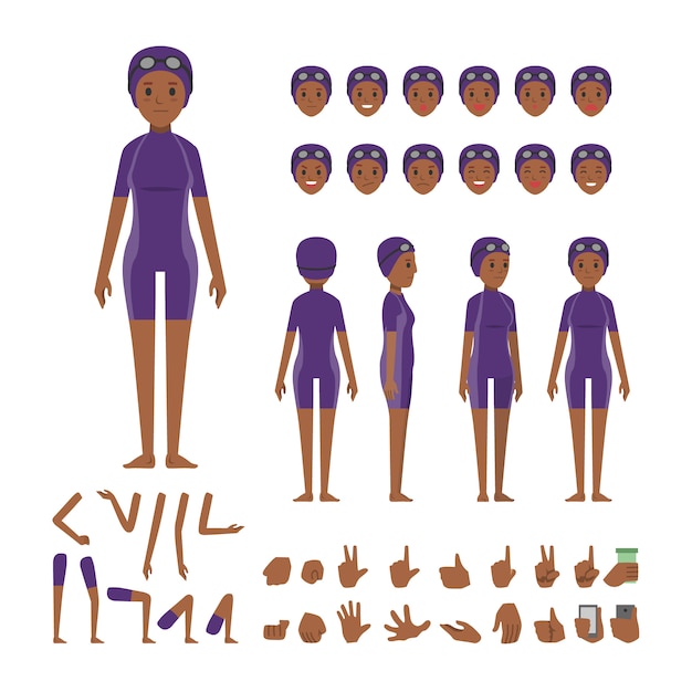 Vector african swimmer woman character set