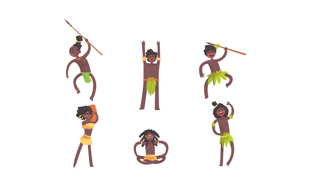 Vector african tribal characters vector set man beating the drum and dancing voodoo dance