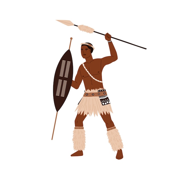 Африканский племенной мужчина держит в руках копье и щит. молодой воин аборигенного племени в традиционной этнической одежде с аксессуарами. плоская векторная иллюстрация на белом фоне.